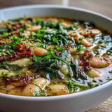 A steaming bowl of Tuscan White Bean and Spinach Soup with fresh parsley and lemon wedges on the side.  