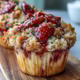 Fluffy muffins bursting with diced strawberries and a zesty lemon crumble topping, ideal for brunch or afternoon treats.