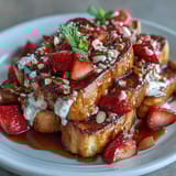 Warm strawberry French toast casserole layered with brioche and custard, perfect for spring gatherings and weekend brunches.  