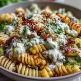 Creamy Mexican-inspired pasta salad with zesty lime, chili, and Cotija cheese for bold flavor.  