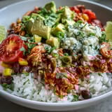Salsa Chicken Bowls with shredded chicken in zesty salsa, served over rice with black beans and fresh toppings.  