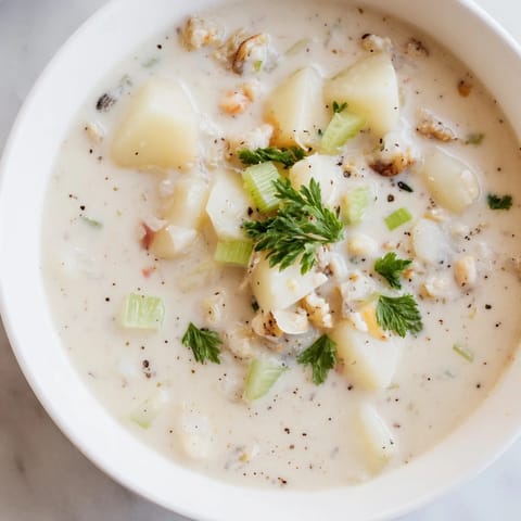 Homemade Clam Chowder, a rich seafood soup with tender clams and potatoes, ready to be enjoyed.