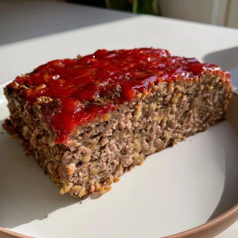 Homemade meatloaf, baked to a tender perfection, with a rich, caramelized glaze on top and savory aroma.