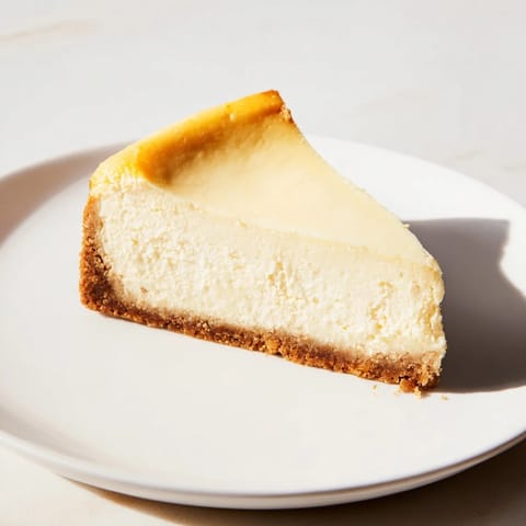 Indulgent slice of New York cheesecake, with a glistening, smooth topping and perfect texture.