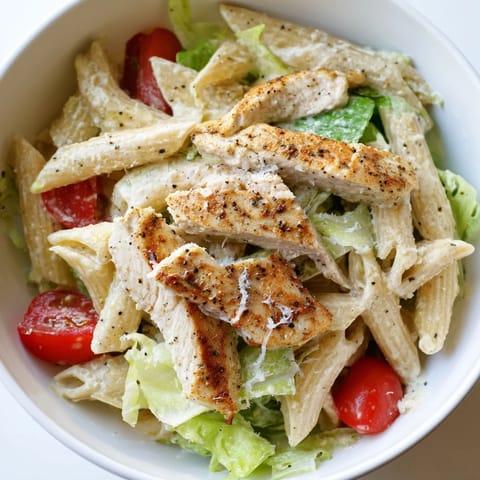 Bright lemon wedges garnish the hearty bowl of Spicy Chicken Caesar Pasta for a zesty finish.  
