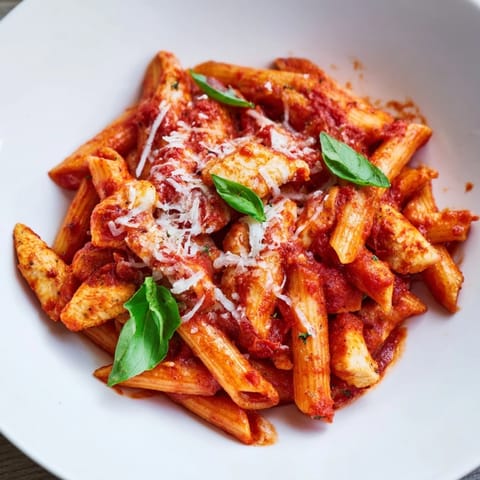 Freshly cooked Tomato Basil Chicken Pasta served warm, garnished with fresh basil leaves and a light dusting of grated Parmesan cheese.