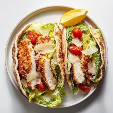 Serving suggestion for Crispy Herbed Chicken Caesar Pitas, featuring golden brown chicken strips tucked into soft pita bread.