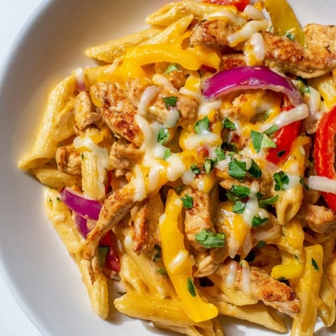 Creamy Fajita Chicken Pasta Skillet served hot, garnished with cilantro, lime wedges, and sliced jalapeños.