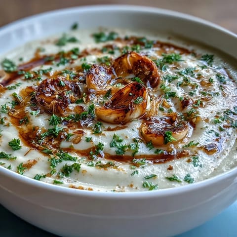 A comforting bowl of roasted garlic soup topped with parsley, served alongside crusty bread for dipping.  