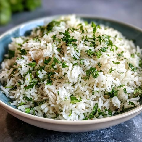 Bright, fluffy Cilantro Lime Rice with vibrant green herbs and a zesty lime wedge on the side, ready to accompany grilled chicken.