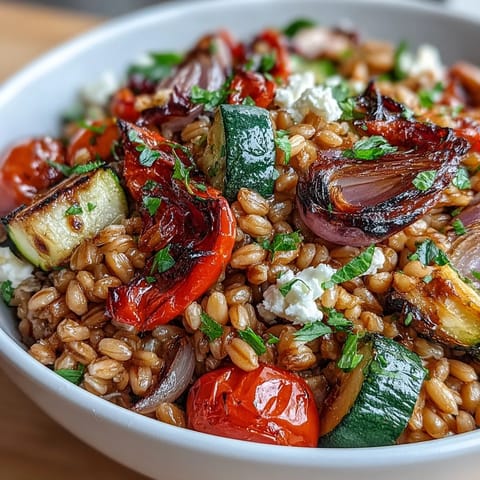 A warm bowl of farro with roasted vegetables garnished with feta, perfect for a Mediterranean-inspired dinner.  