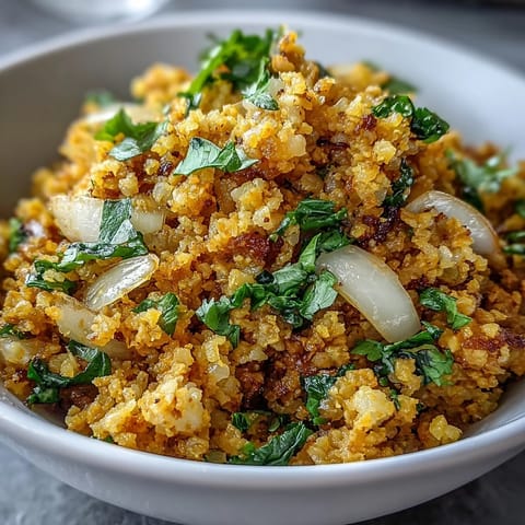 A vibrant serving of Turmeric Cauliflower Rice, golden yellow from spices, topped with fresh cilantro and a bright lemon wedge.