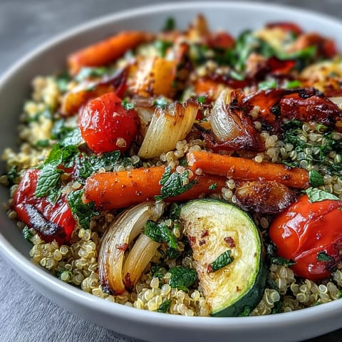 Forkful of golden Quinoa Vegetable Pilaf with tender roasted vegetables, parsley, and mint, served warm as a hearty vegetarian main or side dish.