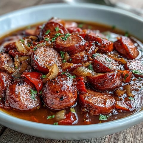 Thick, smoky broth with tender slices of cocktail sausage and diced red bell peppers in a slow cooker.