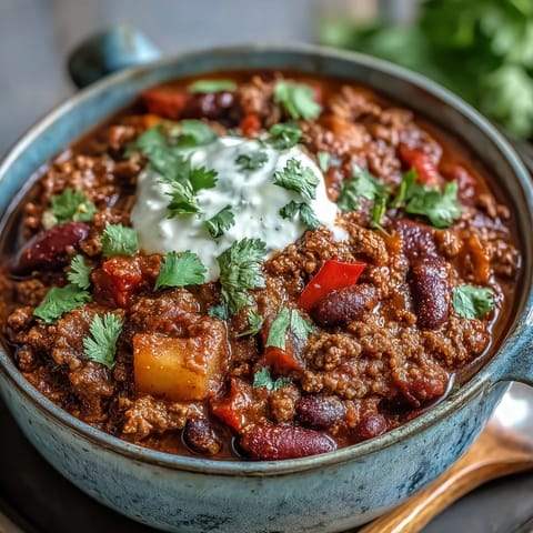 Homemade Slow Cooker Chili with ground beef and kidney beans served in a rustic bowl, garnished with green onions.
