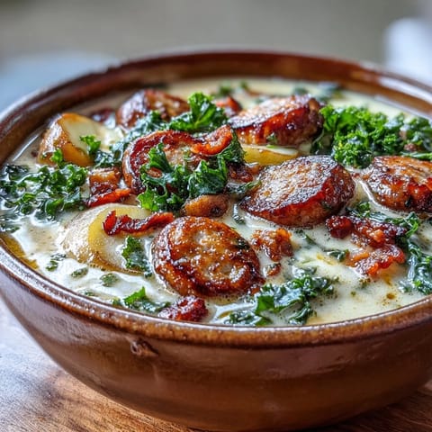 A ladle of Italian Sausage Soup being served, topped with crispy bacon and fresh herbs.
