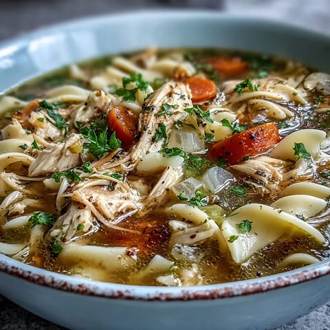 Creamy egg noodles and golden carrots float in savory broth for this hearty Instant Pot Chicken Noodle Soup.