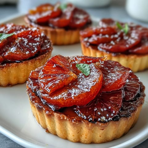 A close-up of Blood Orange Tarts showcases layered blood orange slices glazed with honey over smooth custard filling.