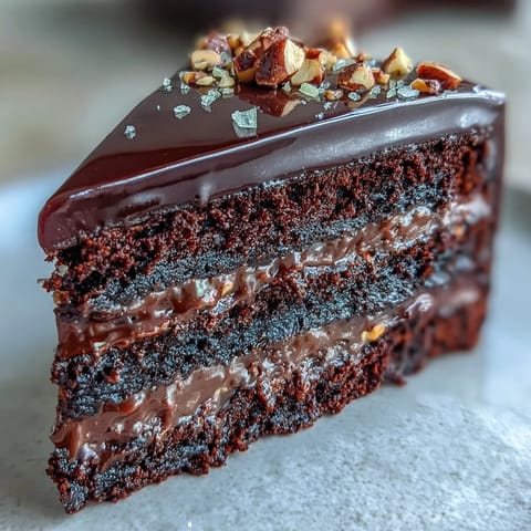 A slice of Chocolate Celebration Cake reveals moist crumb and rich dark ganache, perfect for birthdays or parties.
