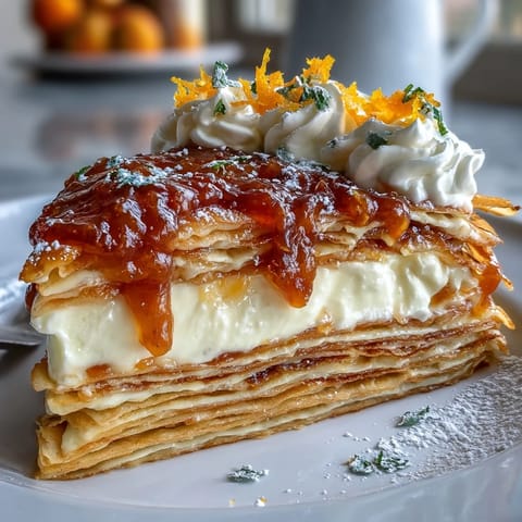 Fresh blood orange slices and zest garnish the top of the stacked Blood Orange Curd Crêpe Cake on a plate.