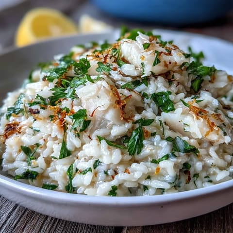 Flaked smoked haddock risotto with tender Arborio rice and Parmesan, steam rising from a rustic skillet for a comforting meal.