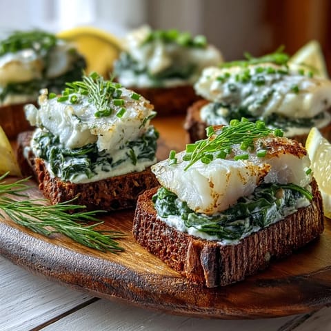 Freshly prepared Smoked Haddock and Spinach Rye Toasts served hot with lemon wedges, showcasing tender fish and vibrant greens on crispy bread.