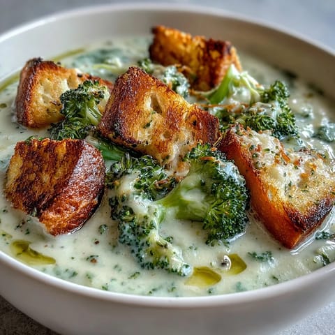 A blender-ready pot of cauliflower and broccoli soup, garnished with crisp croutons, perfect for a cozy weeknight meal.