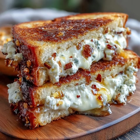 Warm Goat Cheese Grilled Cheese with Honey & Chili Flakes is sliced in half, revealing a gooey filling.