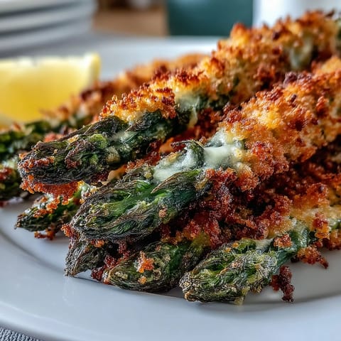 Freshly baked Crispy Asparagus Asiago Spears feature golden crumbs and melted cheese, perfect for dipping in a creamy sauce.