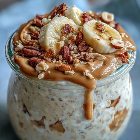 Stirred peanut butter overnight oats in a bowl, garnished with fresh strawberries, blueberries, and chopped roasted peanuts for crunch.