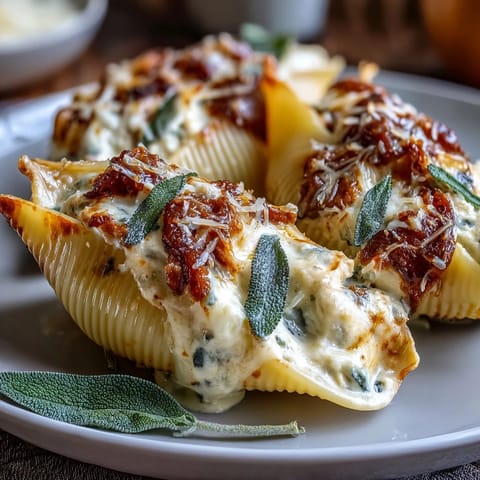 Golden, bubbly Pumpkin & Gouda Stuffed Shells topped with crispy sage leaves in a rich brown butter Alfredo sauce.