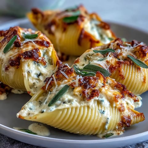 Fork-ready Pumpkin & Gouda Stuffed Shells drizzled with creamy brown butter sage Alfredo, perfect for a cozy autumn dinner.