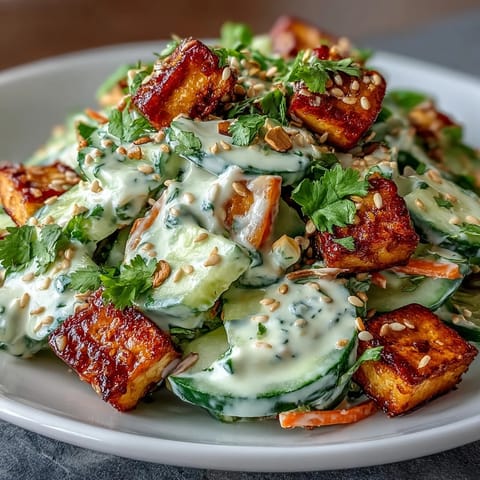 Freshly sliced cucumbers and carrot ribbons are coated in a tangy, creamy Asian dressing, topped with ultra-crisp tofu, sesame seeds, and green onions for this vibrant salad. 