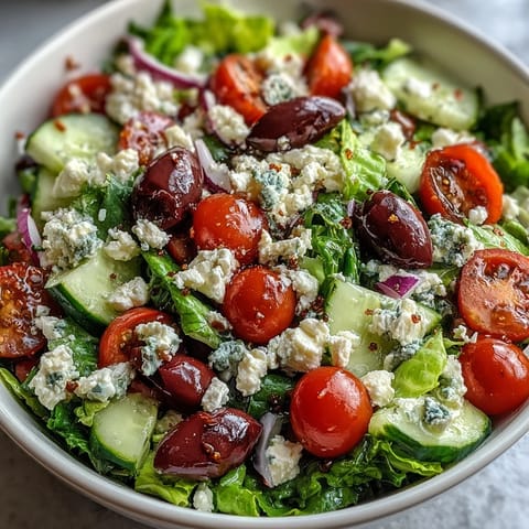 Freshly tossed Greek Salad Bowl with crisp romaine, cherry tomatoes, and crumbled feta cheese. 