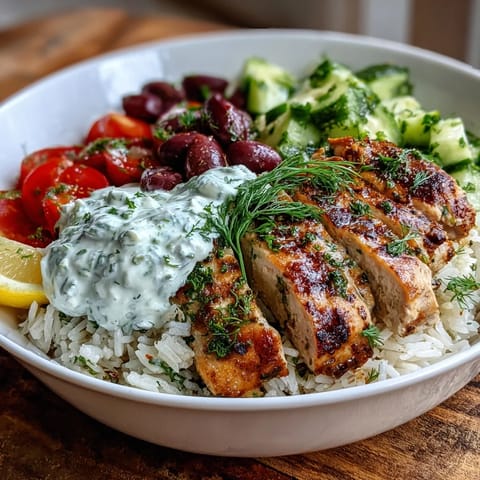 Freshly grilled Greek Chicken Bowl with herbed rice, tomato-cucumber salad, and creamy tzatziki.
