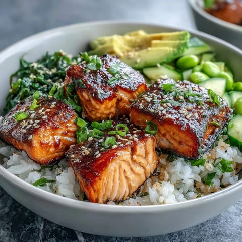 Fluffy steamed rice and crisp fresh vegetables fill a bowl for this Baked Salmon Rice Bowl, topped with sliced avocado and drizzled with creamy sriracha mayo.