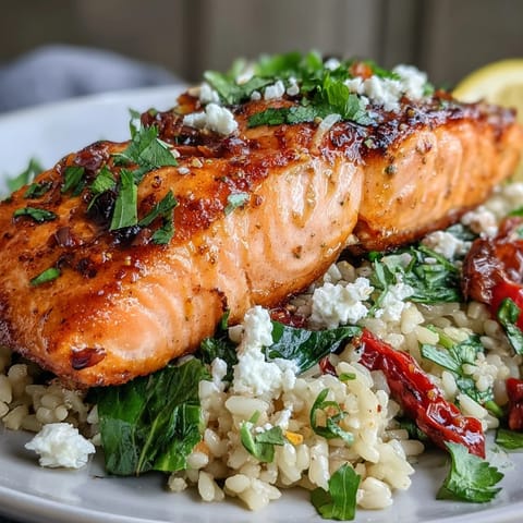 Pan-seared salmon with crispy rice, fresh baby bell peppers, sun-dried tomatoes, and crumbled feta cheese in a Mediterranean Salmon Bowl.
