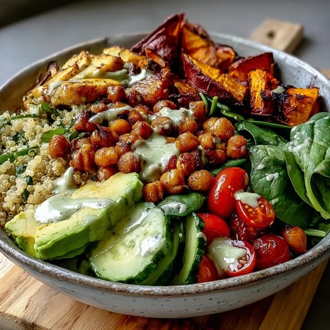 A close-up of a vibrant Buddha Bowl with Quinoa, featuring golden roasted sweet potatoes and crunchy chickpeas over greens, drizzled with creamy garlic tahini dressing.