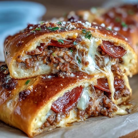 Golden-brown Baked High-Protein Pepperoni Stromboli resting on a wooden cutting board, filled with beef and pepperoni.