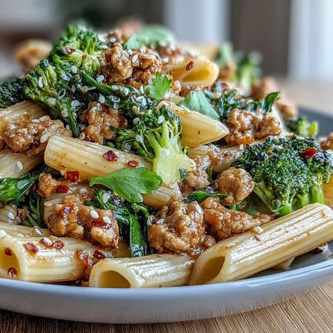 Sweet & Spicy Turkey Broccoli Pasta topped with sesame seeds and scallions.