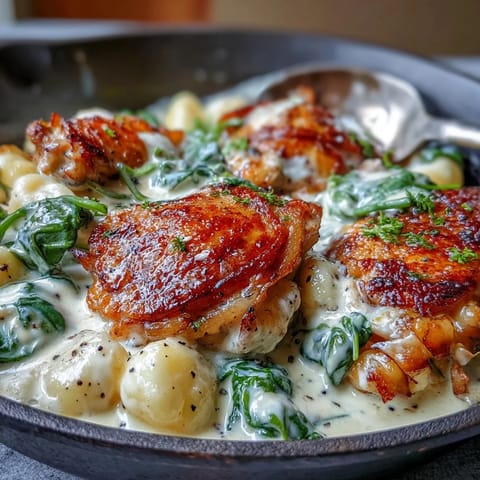 A close-up of pillowy gnocchi coated in a rich Parmesan cream sauce, topped with juicy chicken.