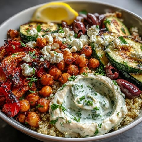 Mediterranean Buddha Bowl with roasted vegetables, chickpeas, and creamy hummus served over fluffy quinoa.