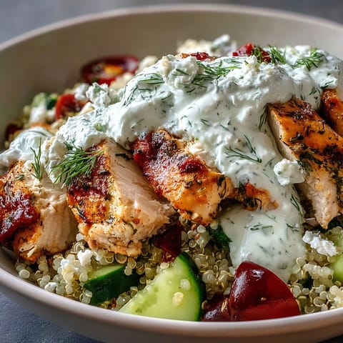 Greek Chicken Power Bowl with lemon-herb grilled chicken, quinoa, and fresh vegetables topped with creamy tzatziki sauce.