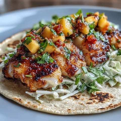 Fresh tilapia fillets topped with vibrant mango salsa in warm corn tortillas for a healthy, colorful meal.  