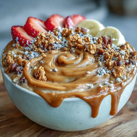 Creamy vegan peanut butter banana smoothie bowl topped with fresh berries, granola, and chia seeds for a protein-rich breakfast.  