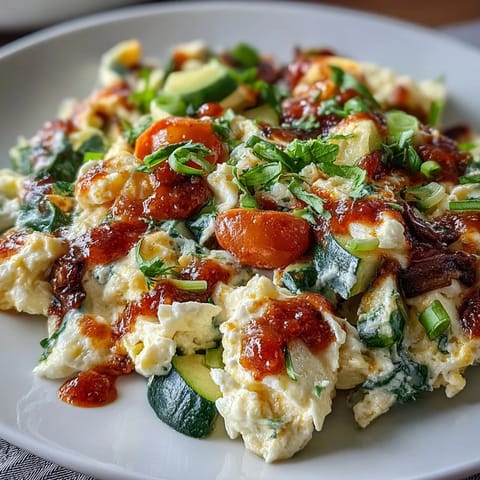 Protein-packed egg white scramble with tender bell peppers, zucchini, and spinach, topped with fresh salsa for a flavorful start to your day.  