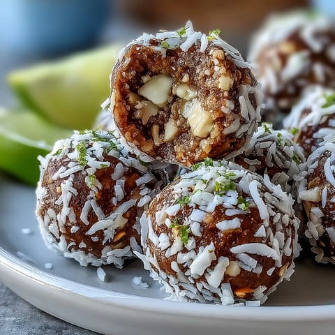 Bright, zesty vegan coconut lime energy balls with dates and cashews, rolled in shredded coconut for a tropical snack.