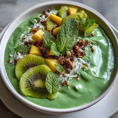 This refreshing green smoothie bowl blends mango, pineapple, and coconut milk, topped with kiwi and granola.  