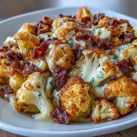 Creamy keto mac and cheese with roasted cauliflower and crispy bacon crumbs in a golden, bubbling casserole dish.  