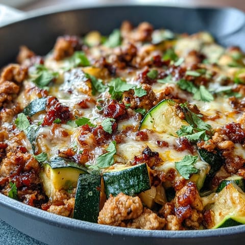 Vibrant One-Pot Turkey Taco Zucchini Skillet with melted cheese and fresh cilantro.